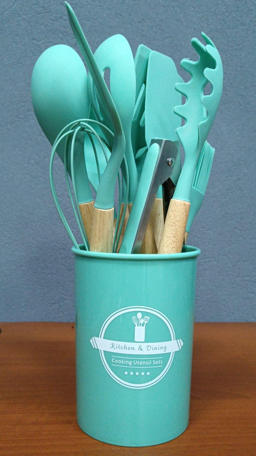SET PORTA UTENSILIOS 12 PZAS SILICONA MANGO MADERA